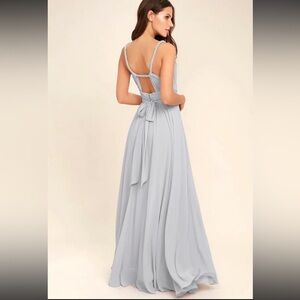 Lulu's Light Gray Chiffon Open-Back Prom Dress